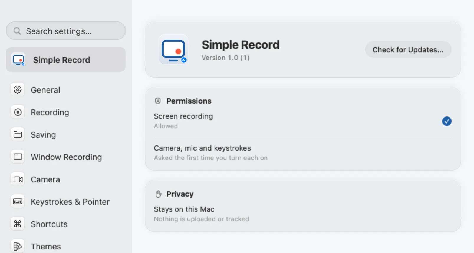 Settings: permissions and privacy