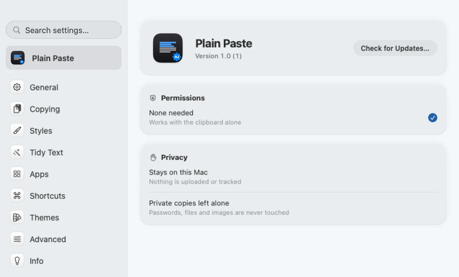 Settings: permissions and privacy